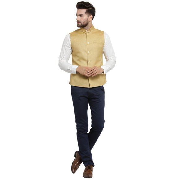 Sleeveless Traditional Jute Fabric Mustard Yellow Nehru Jacket by Treemoda - Picture 5 of 5